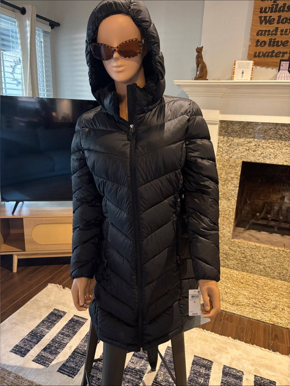 Charter Club Black Hooded Long Chevron Puffer Coat